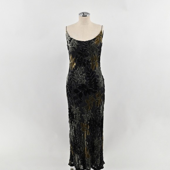 Carmen Marc Valvo Beaded Silk Burnout Velvet Gown Womens Sz 6 Black Gold  Floral